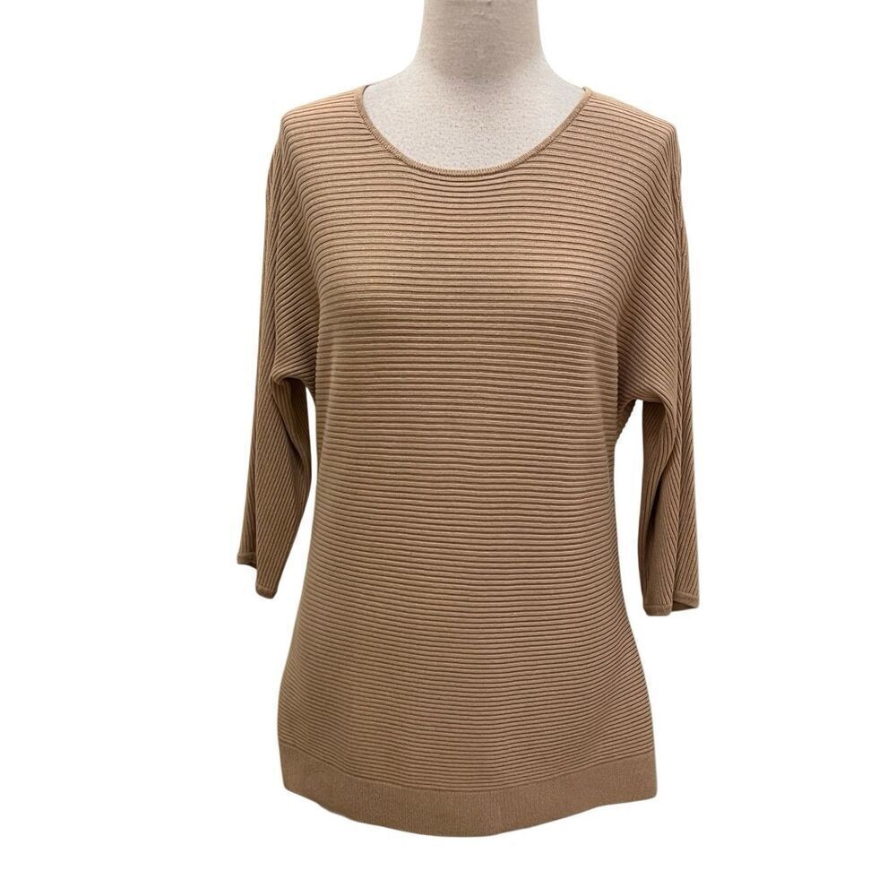 Chico's Women's Ribbed Texture 3/4 Sleeve Pullover Tunic Sweater Tan Size 0